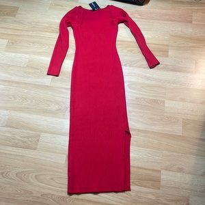 Red long sleeve body con knit dress
